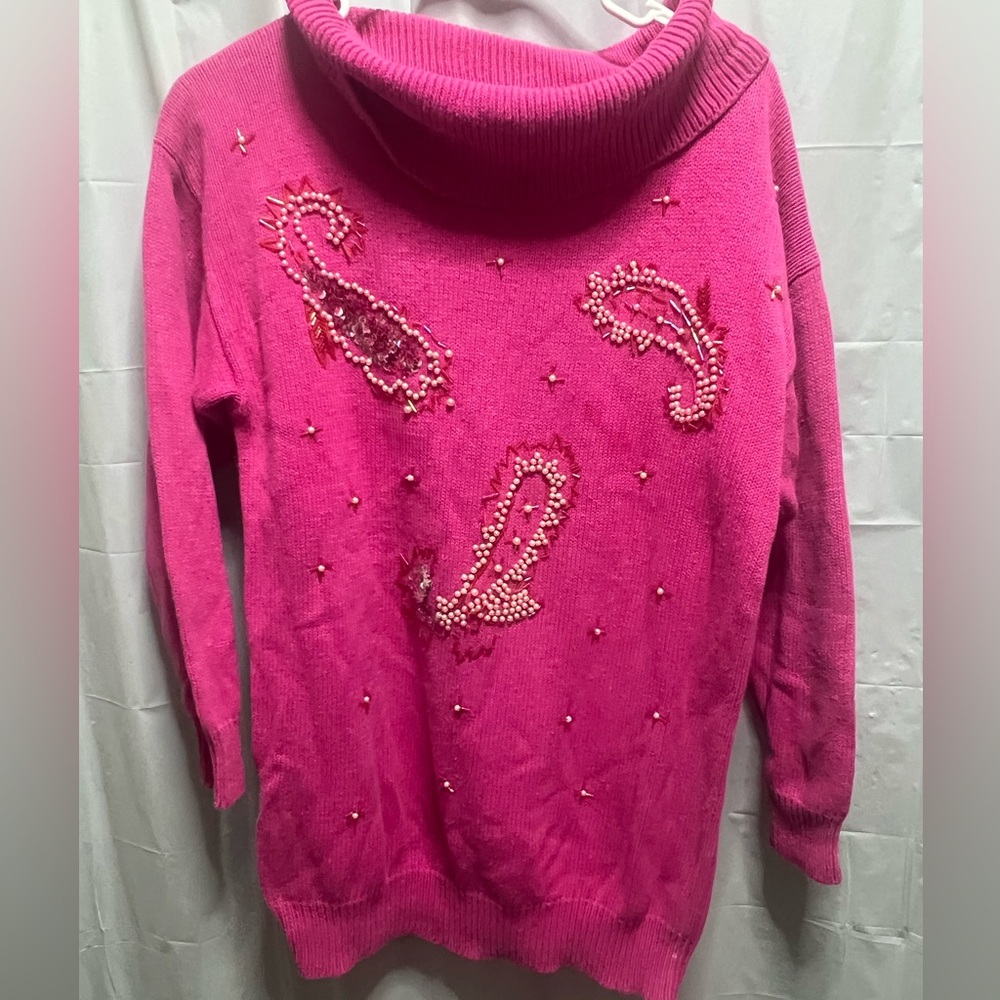 P’ Galli Vintage Hot Pink Cowl Neck Sequin Paisley Sweater Size Small